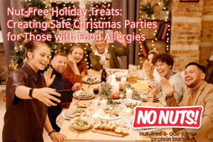 Happy group enjoying nut-free holiday treats at festive dinner, promoting No Nuts! allergy-friendly snack bars.
