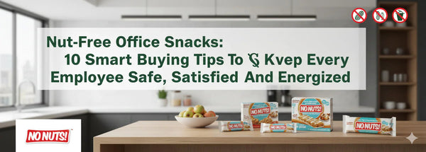 No Nuts! nut-free snack bars on kitchen counter with allergy-friendly icons and tip headline.