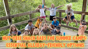 Group of kids at summer camp posing on a wooden deck, promoting nut-free snack bars, allergy-friendly options.