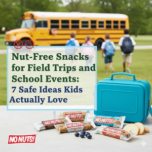 Nut-free snack bars and a blue lunchbox on a table with kids and a school bus in the background.