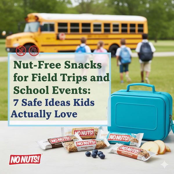 Nut-free snack bars and a blue lunchbox on a table with kids and a school bus in the background.