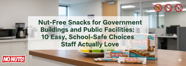 No Nuts nut-free snack bars on office kitchen counter, allergy-friendly, school-safe snacks.