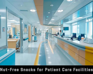 Modern hospital hallway promoting nut-free snacks for patient care facilities