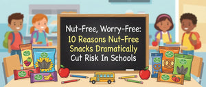 Nut-free snack bars and allergy-friendly snacks on school desks, children in background, chalkboard with text about nut-free safety in schools