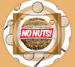 No Nuts oatmeal cookie nut-free snack bar in packaging on a plate with oat spoons, allergy-friendly