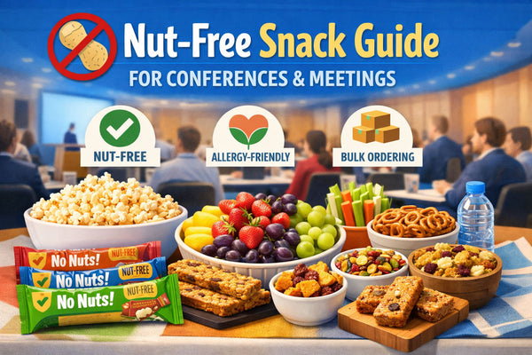 Nut-free snack bars, popcorn, fruits, pretzels, and veggies in a conference meeting setting