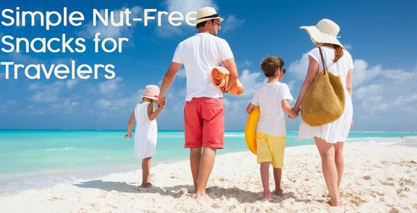 Family with kids on a tropical beach, promoting simple nut-free snacks for travelers