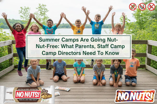 Diverse kids at camp on wooden deck with nut-free, allergy-friendly No Nuts snack bars.