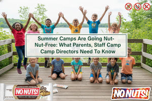 Diverse kids at summer camp deck with No Nuts nut-free snack bars, allergy-friendly, outdoor setting