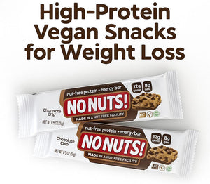 Nut-free vegan protein energy bars, No Nuts! chocolate chip flavor, high-protein snacks.