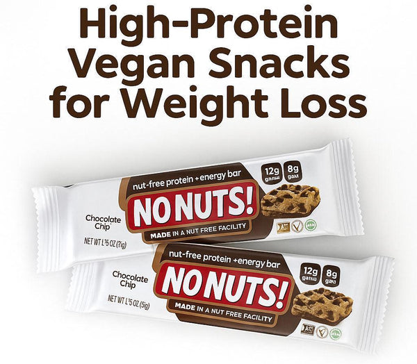 Nut-free vegan protein energy bars, No Nuts! chocolate chip flavor, high-protein snacks.