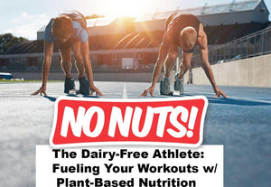 Two athletes at starting blocks with NO NUTS! dairy-free plant-based nutrition banner.