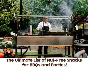 Outdoor BBQ scene with chef grilling, promoting nut-free snack bars for allergy-friendly parties