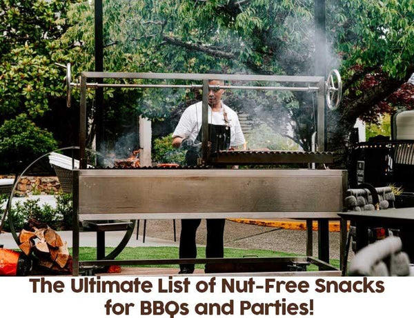 Outdoor BBQ scene with chef grilling, promoting nut-free snack bars for allergy-friendly parties