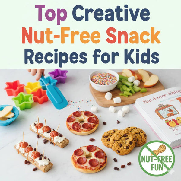 Nut-free snack recipes for kids, colorful molds, mini pizzas, cookies, fruits, allergy-friendly