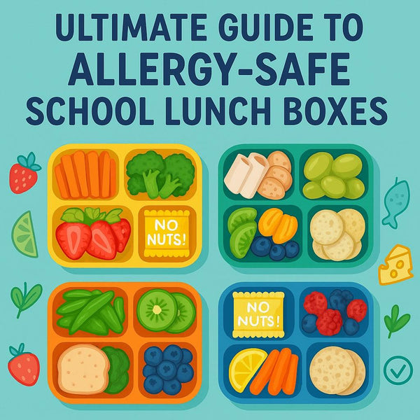 Allergy-safe school lunch boxes with nut-free snack bars, fruits, and veggies, No Nuts theme