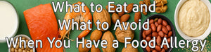 Assorted common food allergens like milk, salmon, shrimp, nuts, and seeds on green background