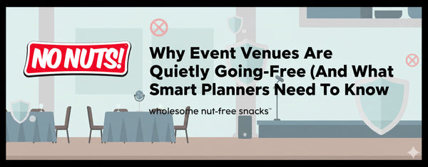 Nut-free event venue illustration with No Nuts! logo, tables, chairs, and allergy-friendly snack branding.