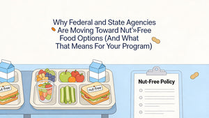 Illustration of nut-free school lunch trays, milk cartons, fruit, and Nut-Free Policy clipboard, promoting allergy-friendly snack bars.