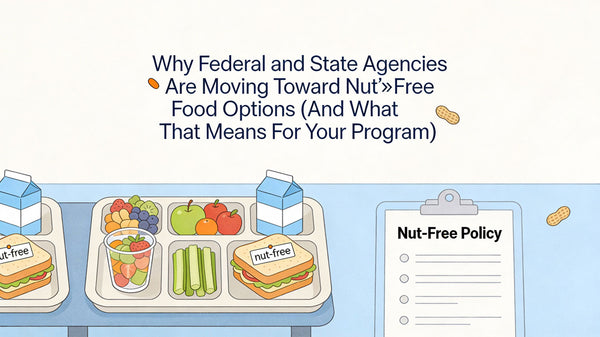 Illustration of nut-free school lunch trays, milk cartons, fruit, and Nut-Free Policy clipboard, promoting allergy-friendly snack bars.
