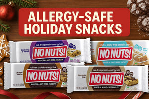 No Nuts! allergy-safe nut-free snack bars in holiday setting with festive cookies