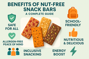 Four colorful nut-free snack bars with text highlighting allergy-friendly and school-safe benefits.