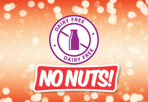 No Nuts dairy-free logo on festive orange background, allergy-friendly snack branding