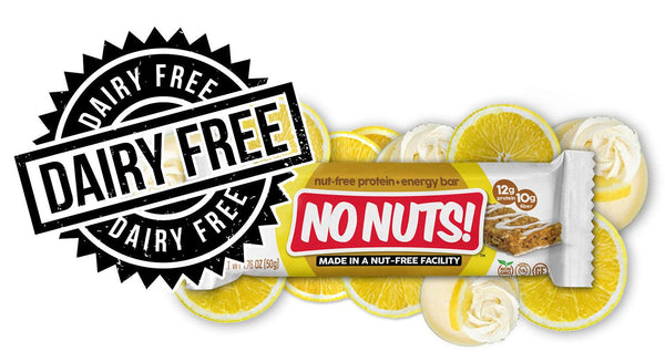 No Nuts dairy-free nut-free protein bar with lemons and whipped topping, allergy-friendly snack