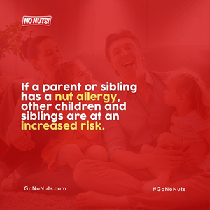 Family sitting together with nut allergy awareness message, No Nuts! branding, allergy-friendly snack promotion.