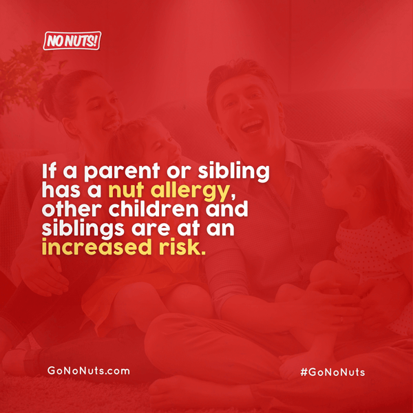 Family sitting together with nut allergy awareness message, No Nuts! branding, allergy-friendly snack promotion.