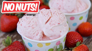 Strawberry nut-free ice cream in polka dot cups with fresh strawberries, No Nuts! logo visible.