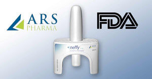 ARS Pharma neffy nasal spray device between ARS Pharma and FDA logos on a light background.