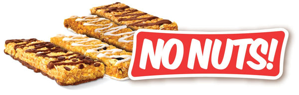 Nut-free snack bars with chocolate and icing drizzle, No Nuts! allergy-friendly bars logo