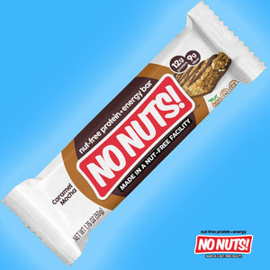 No Nuts nut-free caramel mocha protein energy bar on blue background, allergy-friendly snack