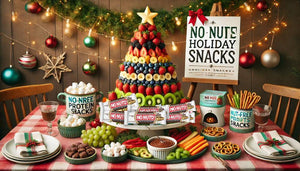 Festive nut-free holiday party table with No Nuts snack bars, fruit tree, and allergy-friendly treats.