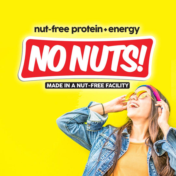 No Nuts nut-free protein energy bar promo with happy woman in sunglasses on yellow background