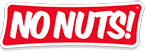 No Nuts! logo in bold white letters on a red background, nut-free snack bars branding