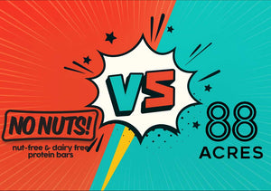 No Nuts nut-free dairy-free protein bars versus 88 Acres, colorful comic-style comparison graphic.