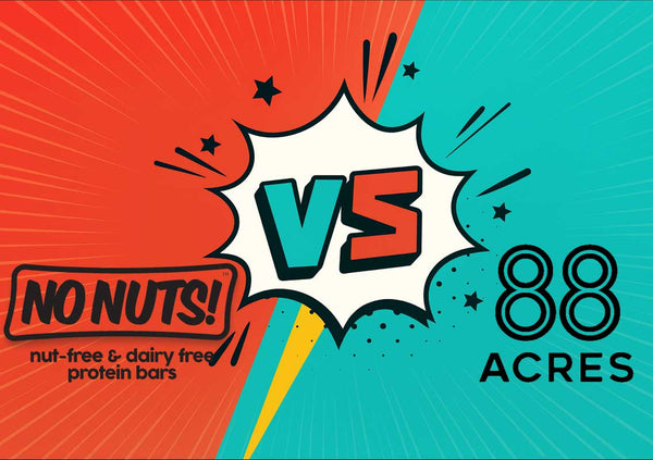 No Nuts nut-free dairy-free protein bars vs 88 Acres comic style comparison graphic.