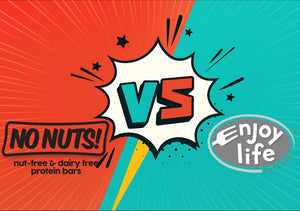 No Nuts vs Enjoy Life nut-free snack bars comparison graphic with bold comic style design