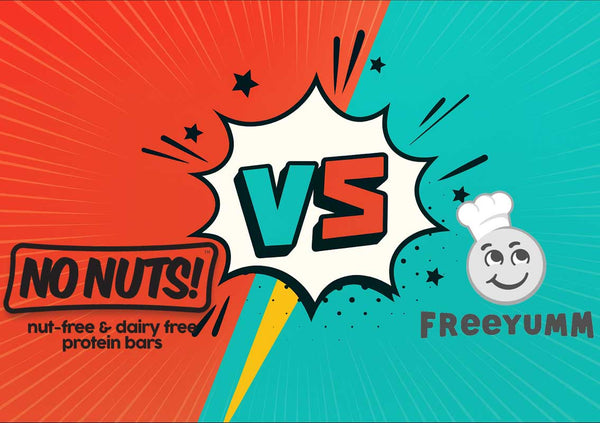 No Nuts nut-free dairy-free protein bars vs FreeYumm school-safe allergy-friendly snacks graphic