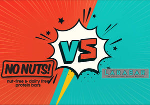 No Nuts nut-free protein bars vs Larabar comparison comic graphic, allergy-friendly snacks