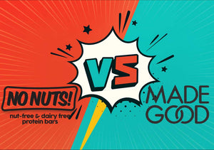 No Nuts vs Made Good illustrated graphic with nut-free dairy-free protein bar text