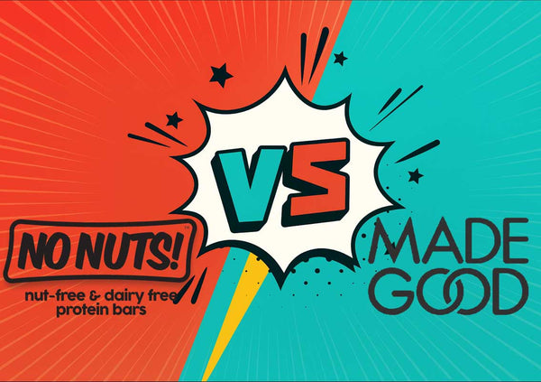 No Nuts vs Made Good illustrated graphic with nut-free dairy-free protein bar text