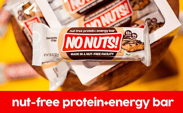 No Nuts nut-free chocolate chip protein energy bar in packaging on display.