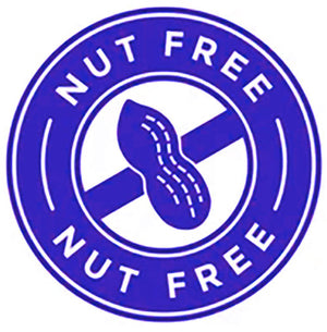 Blue nut-free symbol with peanut crossed out, allergy-friendly snack bars certification badge