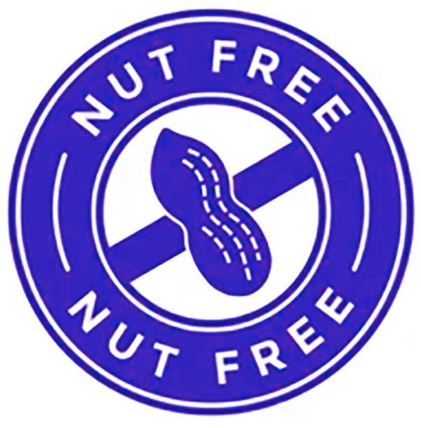 Blue nut-free symbol with peanut crossed out, allergy-friendly snack bars certification badge