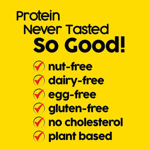 Yellow graphic listing nut-free, dairy-free, egg-free, gluten-free, plant-based protein benefits.