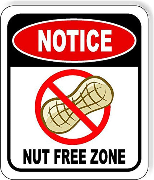 Nut-free zone notice sign with a crossed-out peanut symbol for allergy-friendly snacks