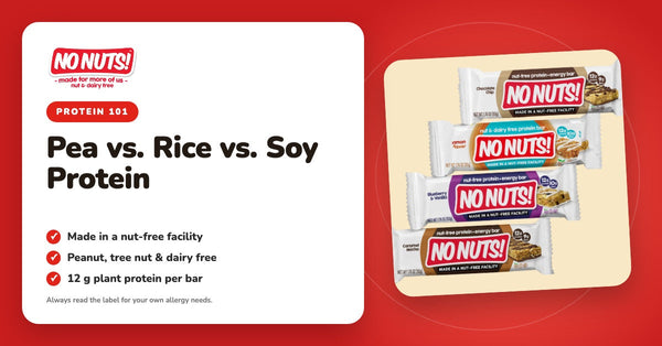 Pea vs. Rice vs. Soy Protein | No Nuts! protein bars in four flavors